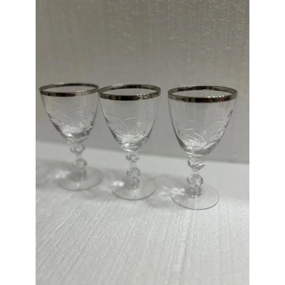Wine Glasses 3 Floral Etched‎ Rimmed With Silver-Like Material